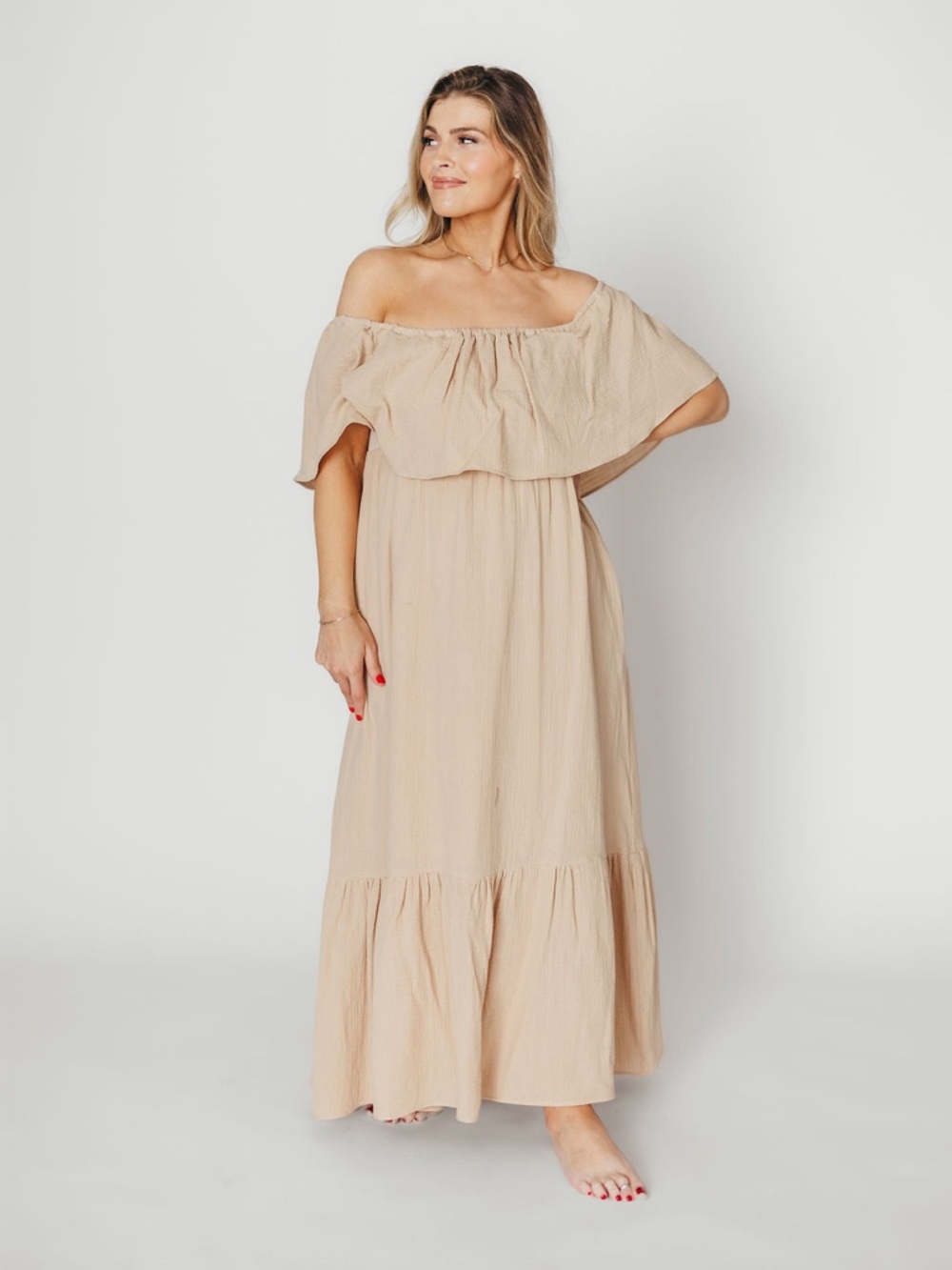 Worth Collective Josie Maxi Dress size Medium off shoulder nursing friendly tan